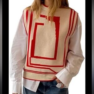 Cream and Red Geometric Knit Vest NWT